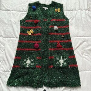99 Jane Street Christmas Cardigan Womens Medium‎ Green Open Front Holiday Vest